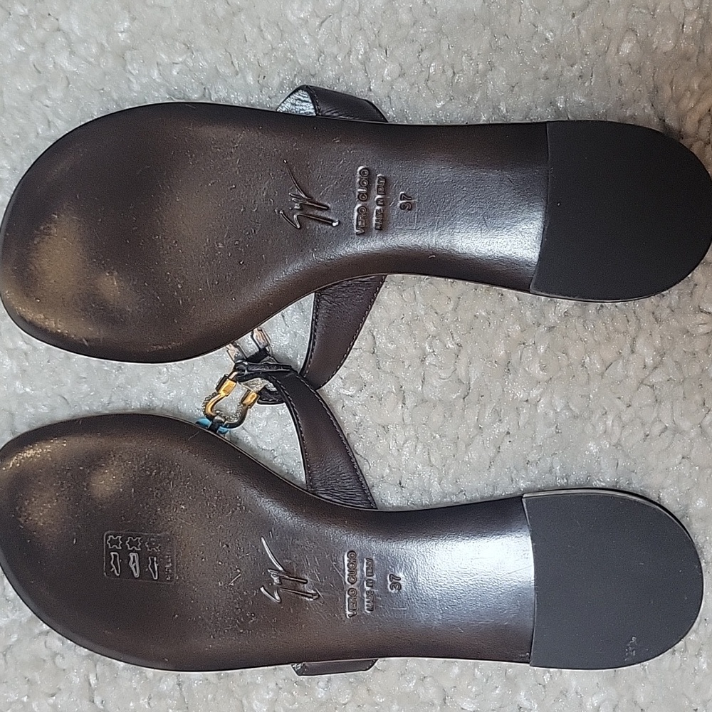 GIUSEPPE ZANOTTI Brown And  Bling Horseshoe And Turquoise Thong Slides Size 37 - Picture 12 of 15